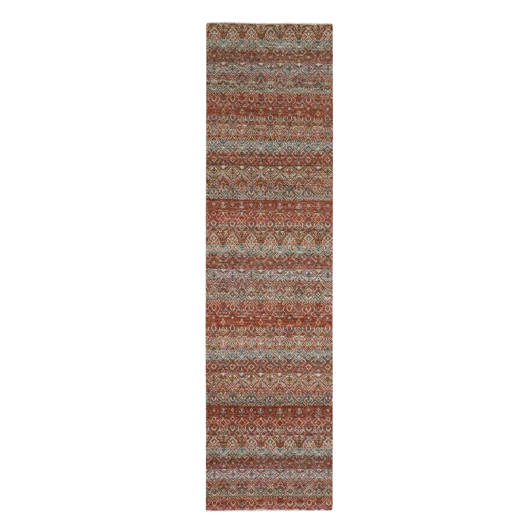 2'7"x10'2" Paprika Red, Tone On Tone, Kohinoor Herat with Small Geometric Repetitive Diamond Pattern, Soft Wool, Hand Knotted, Runner, Oriental Rug 